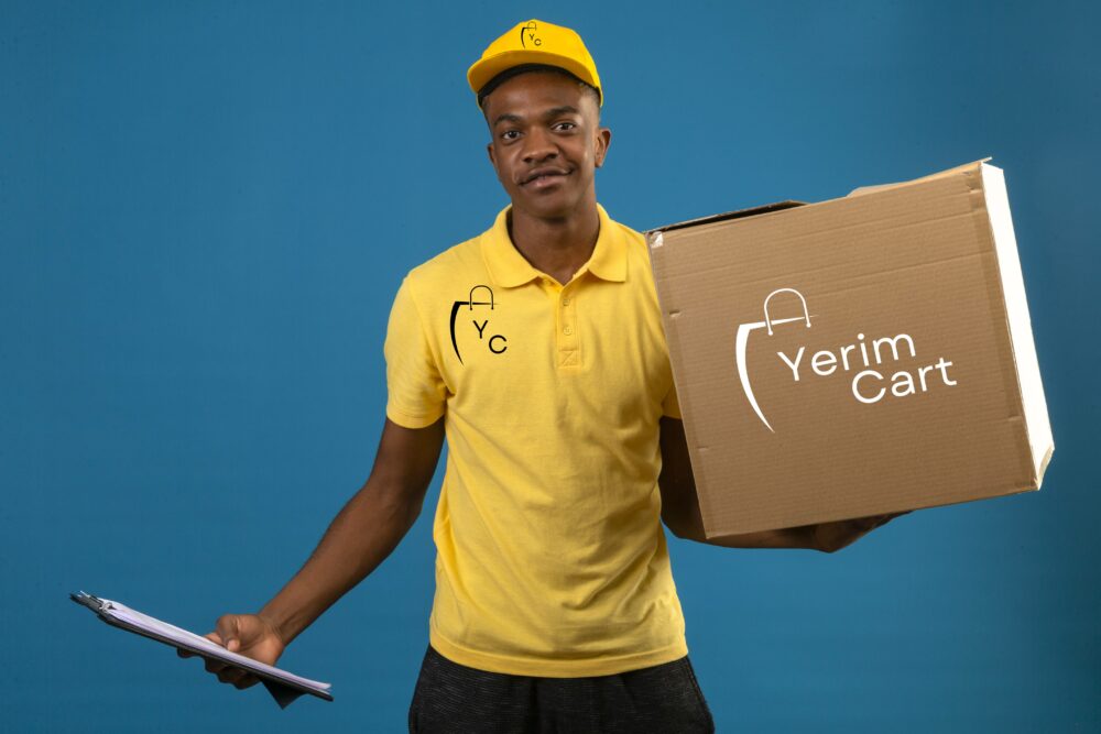 delivery-african-american-man-yellow-polo-shirt-cap-holding-clipboard-cardboard-box-smiling-friendly-standing-isolated-orange-min